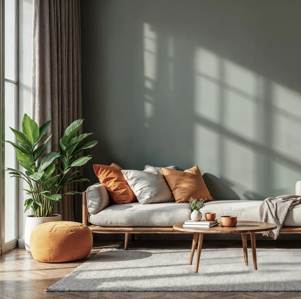 Wohnzimmer mit hellem Sofa vor grün gestrichener Wand, Zimmerpflanze und Sonnenlicht